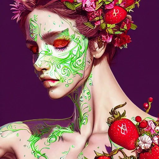 Prompt: the portrait of an absurdly beautiful, graceful, elegant, sophisticated woman made of strawberries and green petals, an ultrafine hyperdetailed illustration by kim jung gi, irakli nadar, fitness model, intricate linework, bright colors, octopath traveler, final fantasy, unreal engine 5 highly rendered, global illumination, radiant light, detailed and intricate environment
