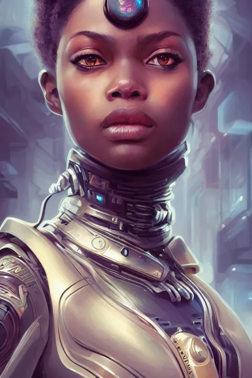 Image similar to ultra realistic illustration, closeup headshot 3 5 mm, black woman, hacknaut cyberpunk, sci - fi, fantasy, intricate, elegant, highly detailed, digital painting, artstation, concept art, smooth, sharp focus, illustration, art by artgerm and greg rutkowski and alphonse mucha