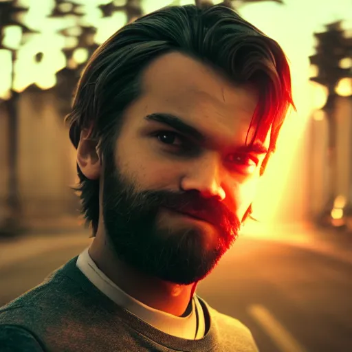 Image similar to Portrait of PewDiePie, splash art, movie still, cinematic lighting, dramatic, octane render, long lens, shallow depth of field, bokeh, anamorphic lens flare, 8k, hyper detailed, 35mm film grain