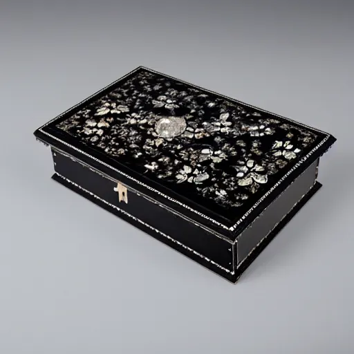 Prompt: a photo of a black jewellery box with intricate ultra detailed iridescent mother - of - pearl inlay on a black background photorealistic 8 k