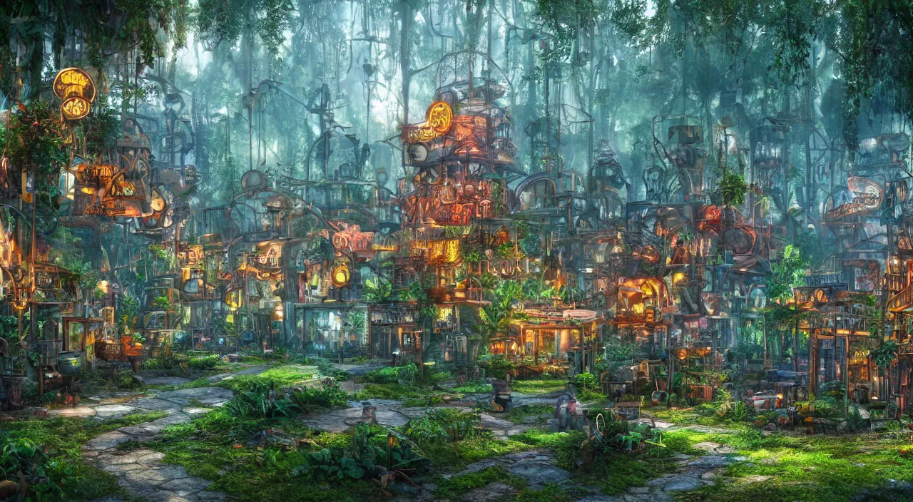 Image similar to a steampunk village in a forest on a summers day, suns rays, rain, lush vegetation, junk everywhere, neon signs, magical atmosphere, mist, photo realistic, 35mm, octane render, 8k, guido borelli da caluso