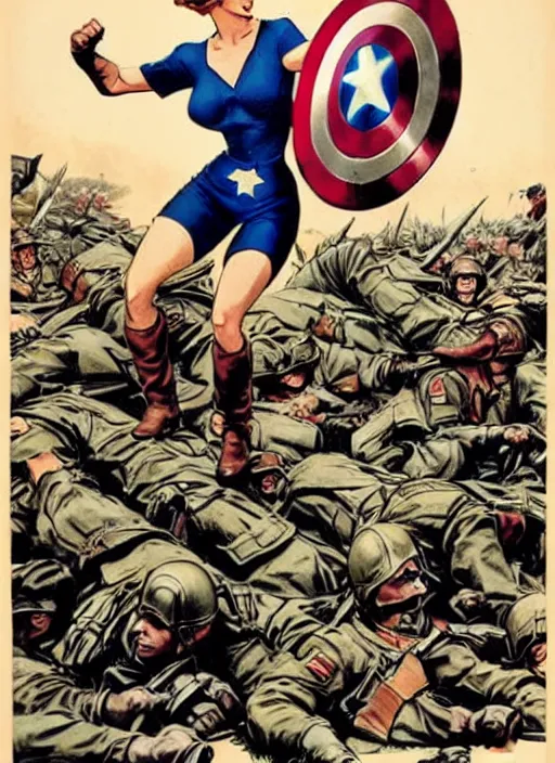 Prompt: beautiful female captain america standing on a pile of defeated german soldiers. feminist captain america wins wwii. american wwii propaganda poster by james gurney. anime.