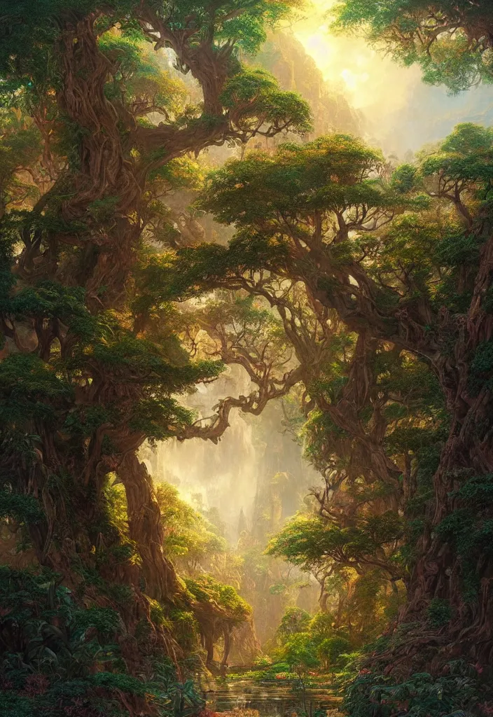 Image similar to beautiful hyper realistic detailed matte painting of fantasy tree of life in garden of eden, hd, hdr, by Moebius and John Howe and Albert Bierstadt and Alena Aenami, ultra detailed, high resolution