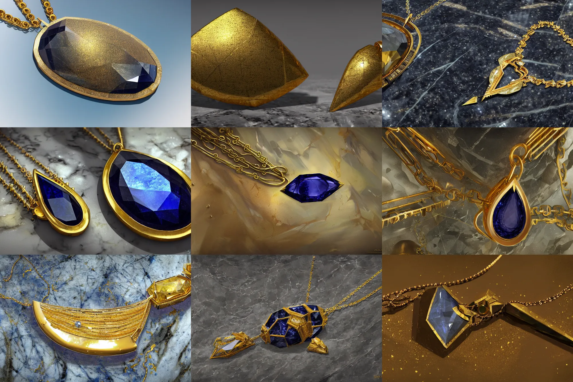 Prompt: A very highly detailed single large pointed faceted sapphire necklace with a thin gold chain and gold setting, resting on a polished marble countertop, digital rational painting art by Greg Rutkowski, sci-fi highly detailed, digital concept art, sharp focus, realistic concept art by Stephen Hickman and James Gurney and Hiromasa Ogura Ghost in the Shell rendered in Octane Render, From the distance