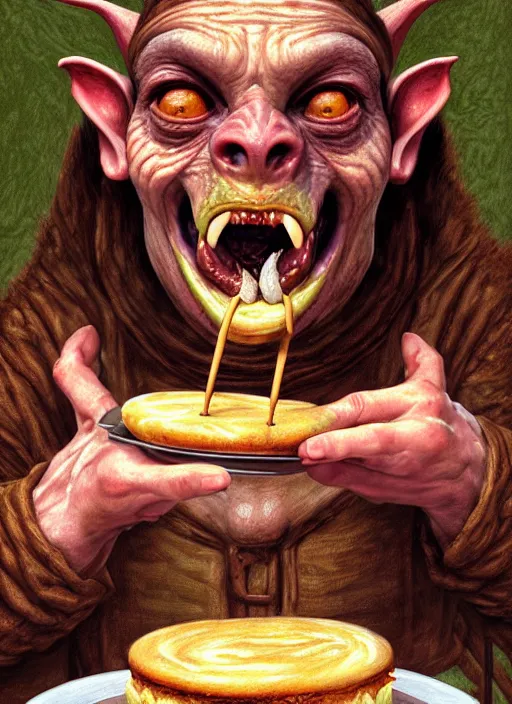 Image similar to portrait of a medieval goblin eating cakes in the cloisters, beautiful face, hyper realistic, highly detailed digital painting by earl norem, artstation illustration co