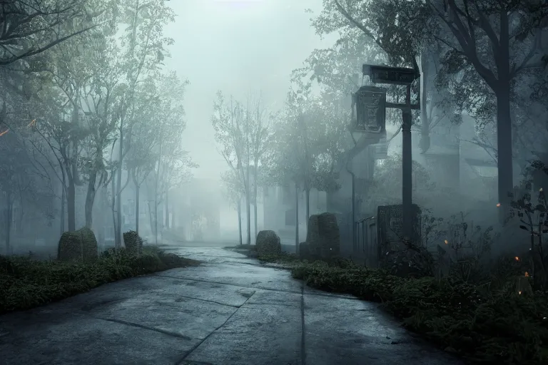 Prompt: street both sides lined with haunted houses, photo realistic octane render, volumetric lighting, magic fog, sunlight through the trees cinematic, hyperrealistic, fog, cinematic lighting, volumetric lighting, tranquillity, hyper detailed, enhanced hd, ultra view, 8 k