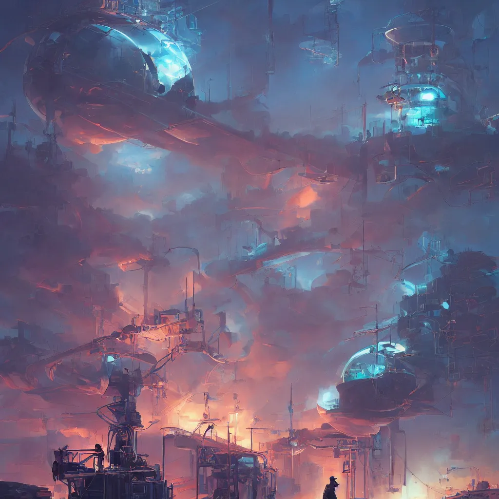 Image similar to atom, by greg rutkowski, by rhads, by jesper ejsing, so many wires, sharp focus, man standing, colony, atom, crowd, steam punk, blue space ship in sky, astronaut, earthquake