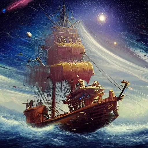 Prompt: pirate ship sailing through space with galaxies in the distance, trending on artstation, ultra fine detailed, hyper detailed, hd, concept art, digital painting