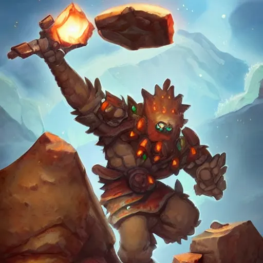 Image similar to ((((rock elemental golem character)))), dust and rock background, hearthstone art style, epic fantasy card game art