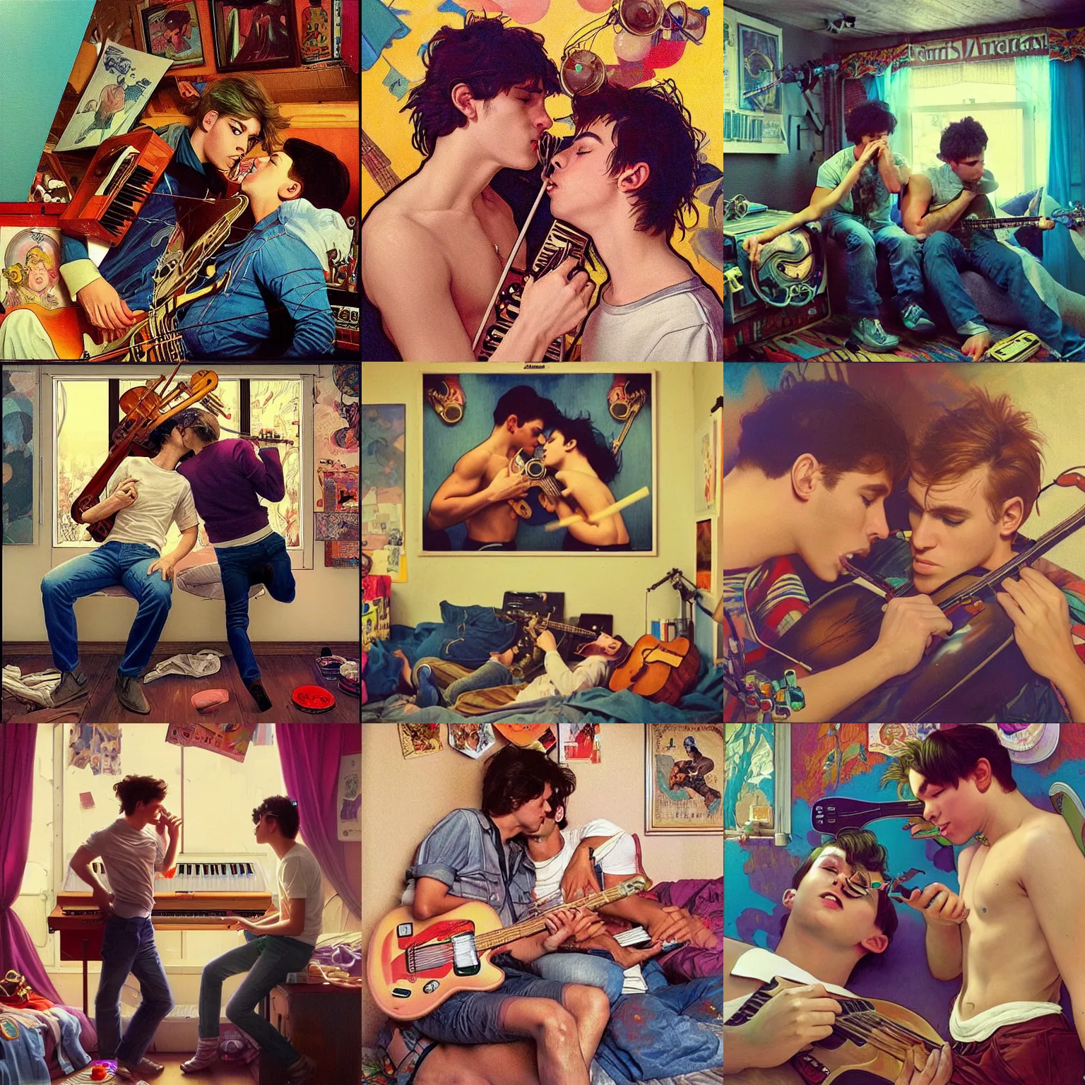 Prompt: two young men kissing in a messy 80s bedroom interior, tons of musical instruments and band posters, warm soft lighting, colorful hyperrealistic surrealism, award winning masterpiece with incredible details, trending on ArtStation, artgerm and greg rutkowski and alphonse mucha, daily deviation, IAMAG