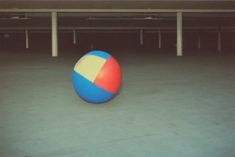 Image similar to beach ball, inside of an badly lit 1970s parking garage, ektachrome photograph, volumetric lighting, f8 aperture, cinematic Eastman 5384 film