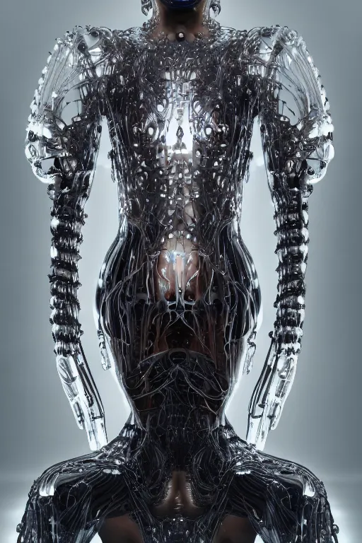 Image similar to iris van herpen, perfect symmetrical body, helmet on face, full body shot, inflateble shapes, wires, tubes, veins, jellyfish, white biomechanical details, wearing epic bionic cyborg implants, masterpiece, intricate, biopunk, vogue, highly detailed, artstation, concept art, cyberpunk, octane render