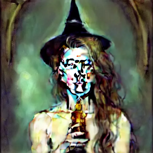 Image similar to hyperrealist portrait of amber heard as a vampire witch holding a cristal human skull and wearing a wizard hat. by jeremy mann and alphonse mucha, fantasy art, photo realistic, dynamic lighting, artstation, poster, volumetric lighting, very detailed faces, 4 k, award winning