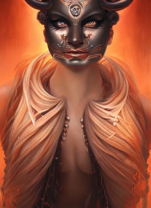 Image similar to a beautiful detailed oil on copper art illustration of a japanese kokushikijo mask devil woman, centered, by charlie bowater, zeng fanzh, trending on artstation, dim dusk lighting, cinematic lighting, detailed lighting, volumetric lighting, realistic, f 8, 4 k hd wallpaper