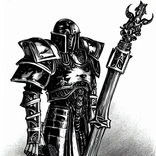 Image similar to a cyberpunk paladin from warhammer 4 0 k in very heavy silver armor wearing a crusaders helmet he is holding a large long sword in a cyberpunk setting, comic book art, cyberpunk, art by stan lee, pen drawing, inked, colorful, bright high tech lights, dark, moody, dramatic, deep shadows, marvel comics, dc comics
