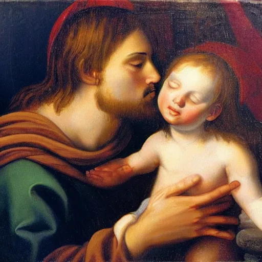 Image similar to an oil panting of a jesus kissing maria maddalena