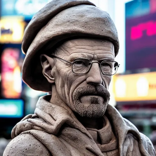 Image similar to extree long - shot photograph of a very detailed renaissance clay sculpture of walter white wearing a phrygian cap in times square, made by michelangelo, hyper detailed, sharp focus, 8 k resolution, ray tracing