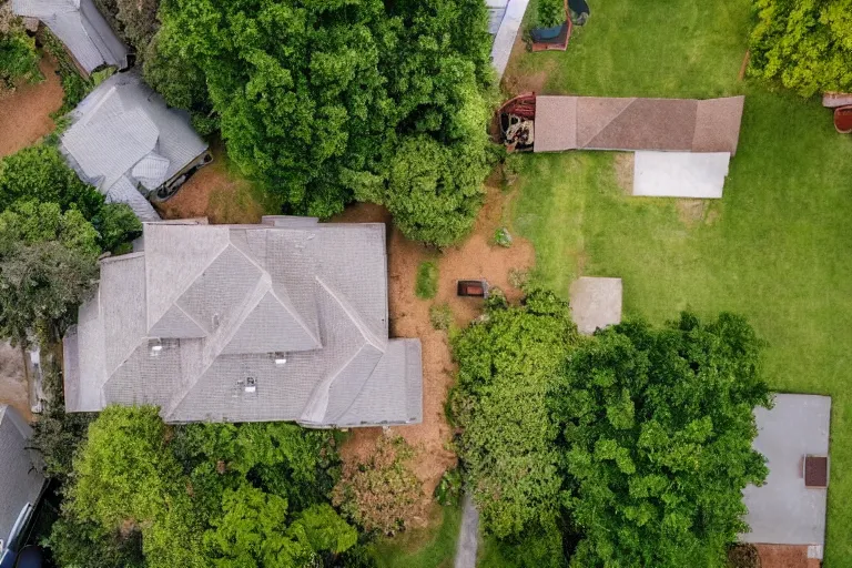 Prompt: looking down on a house from a drone