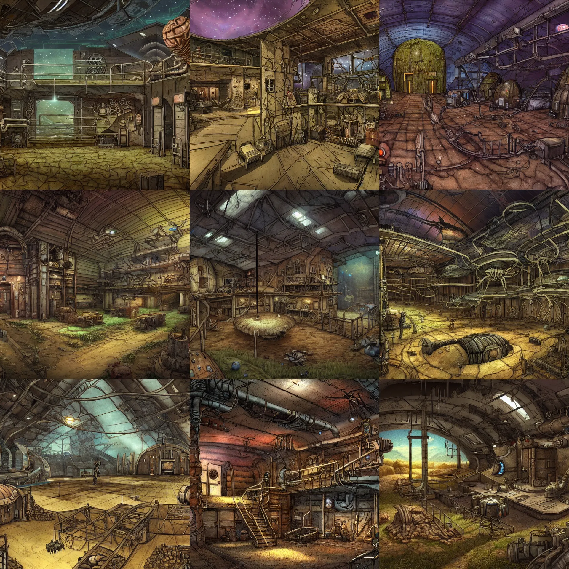 Prompt: inside a farm barn, on a remote planet, from a space themed point and click 2 d graphic adventure game, detailed, set design inspired slightly by hg giger, art inspired by thomas kinkade