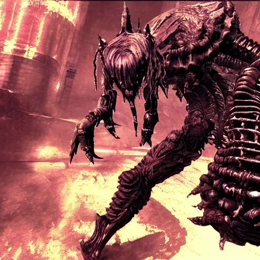 Image similar to The Shadowlord from Nier Replicant fighting the machine life forms, highly detailed, realistic, tragic