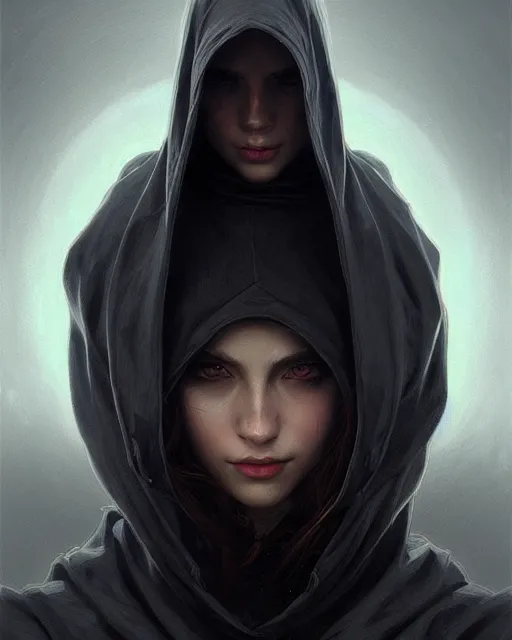 Prompt: Portrait of a hacker wearing hood, dark fantasy, medium shot, intricate, elegant, highly detailed, digital painting, artstation, concept art, smooth, sharp focus, illustration, art by artgerm and greg rutkowski and alphonse mucha