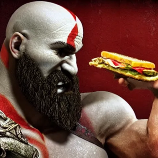 Prompt: kratos from god of war eating a cheeseburger