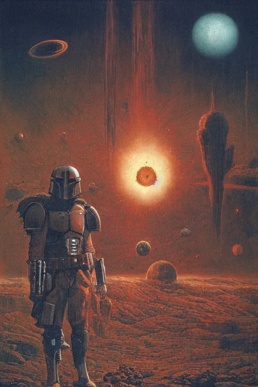 Prompt: mandalorian by beksinski on background with destroyed planets and atomic bomb explosion, backlight