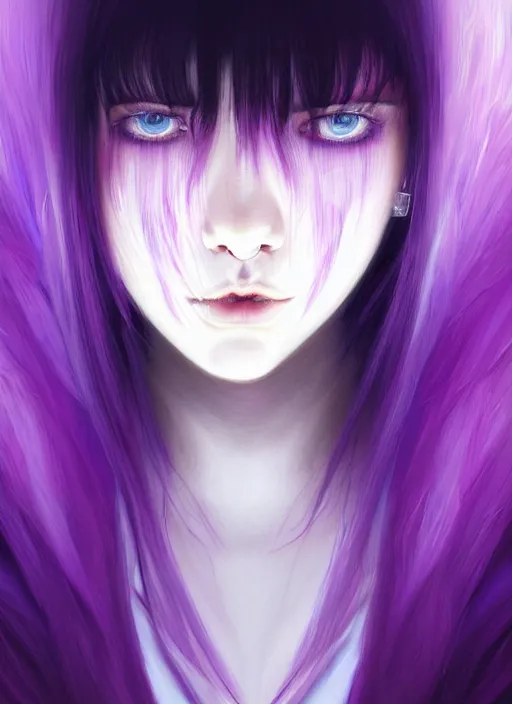 Image similar to hair whitebangs hair, black hair, whitebangs, portrait of teenage girl with white bangs, red irises, purple clothes, white bangs, bangs are different color from hair, intricate, elegant, glowing lights, highly detailed, digital painting, artstation, concept art, smooth, sharp focus, illustration, art by wlop, mars ravelo and greg rutkowski