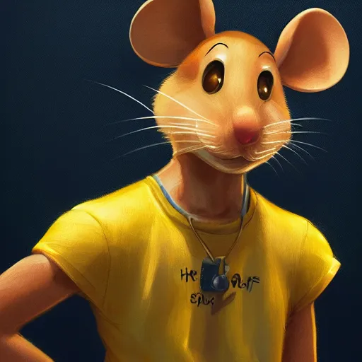 Image similar to anthropomorphic mouse wearing denim short shorts and yellow tank top, highly detailed, artgerm style, artstation, soft light, sharp focus, illustration, character design, concept art