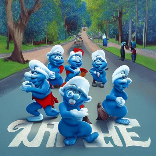 Image similar to the smurfs on the beatles album cover, 8 k resolution hyperdetailed surrealism