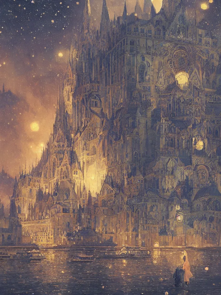 Image similar to a view from the river of budapest or paris at night with the sky full of stars, intricate, elegant, highly detailed, digital painting, artstation, concept art, smooth, sharp focus, colored illustration for tattoo, art by krenz cushart and artem demura and alphonse mucha,