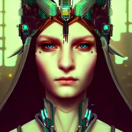 Image similar to cyberpunk robotic dark elvish queen, diadem on the head, extremely detailed, hyperrealistic, intricate, soft light, fantasy, digital painting, art station, perfect faces, fine details, by wlop