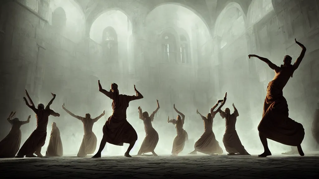 Image similar to tyrkisk sufi dance, sufi, arabic words, bysintine, gothic, 4 k, smokey, michael whelan, peter mohrbache, giovanni paolo panini style epic, volumetric light, insanely detailed, unreal engine render, artstation trends, hyper detail, epic art style, cinematic, concept art, soft white gold lights