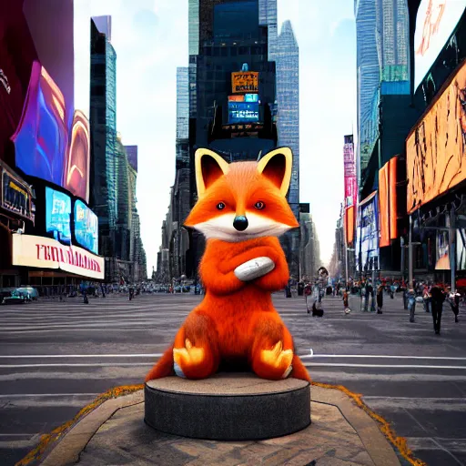 Image similar to anthropomorphic furry fox wearing a tuxedo stands on the times square ,detailed, environment, building, cinematic lights, rule of thirds, Artstation