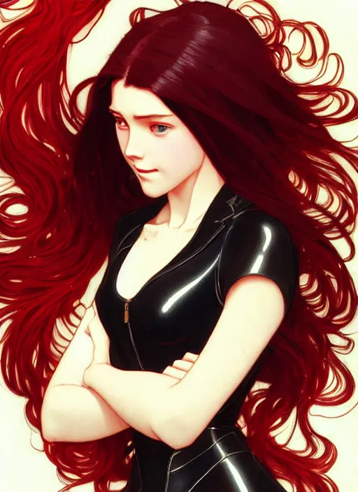 Image similar to pretty young woman with shoulder length shiny shimmering dark red hair and wearing leather suit, path traced, highly detailed, high quality, digital painting, by studio ghibli and alphonse mucha, leesha hannigan, makoto shinkai, disney