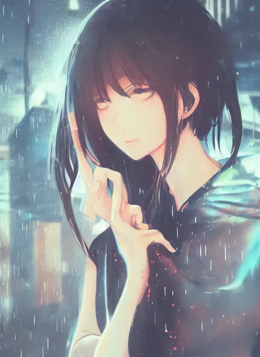 Image similar to listening to music at 2 am, pretty face, pretty body, rain, lofi, lofi, peaceful, street light, anime key visual, poster, anime, by wlop, high quality, 4 k