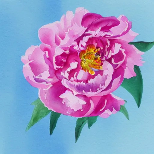 Prompt: a watercolor still life of a pink peony on a blue background