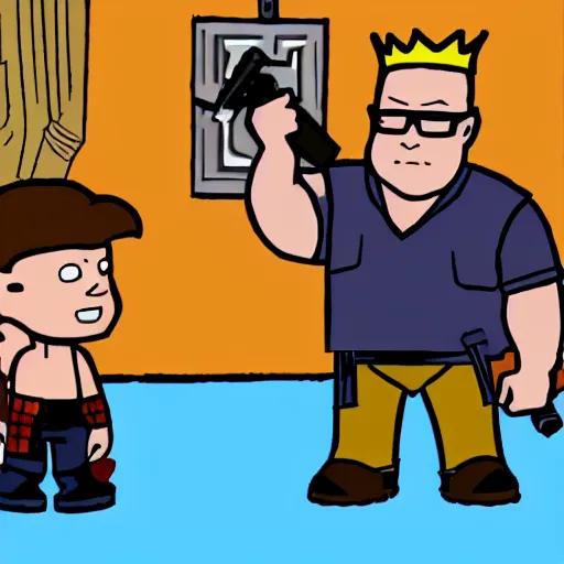 Image similar to a screenshot of king of the hill bobby hill speaking to duke nukem