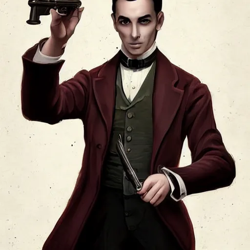 Image similar to a victorian doctor with a gun, young man, clean shaven, red eyes, very pale, vampire, dark brown duster, short brown hair, brooding, character art, full body art, Dungeons and Dragons, D&D, trending on artstation, artgerm, 4k ultra hd, sharp focus, highly detailed, digital art by Ilya Kuvshinov and Ross Tran,