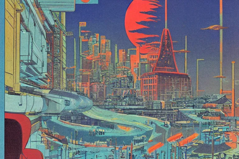 Prompt: 1979 Popular science Magazine Cover of a seawall. In the background is Neo-Tokyo in Akira style by Vincent Di Fate