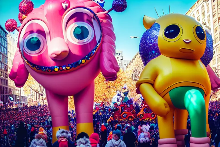 Image similar to photo of giant cute elaborate parade float character designed by ( ( ( ( ( ( ( ( rutowski ) ) ) ) ) ) ) ) and beeple!!!!!!!!!!!!!!, in the macys parade, detailed 4 k photo,