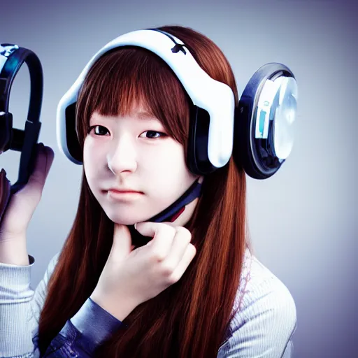 Image similar to stunning photorealistic portrait of cute cyber punk high school girl from Japan. she is wearing heavy complicated future headsets. award winning, taken by canon 5d mk4, art lens, perfect lighting