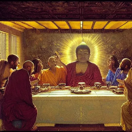 Prompt: buddha explaining the universe in last supper painting by gaston bussiere, craig mullins, j. c. leyendecker, lights, art by ernst haeckel, john william godward, hammershøi,,