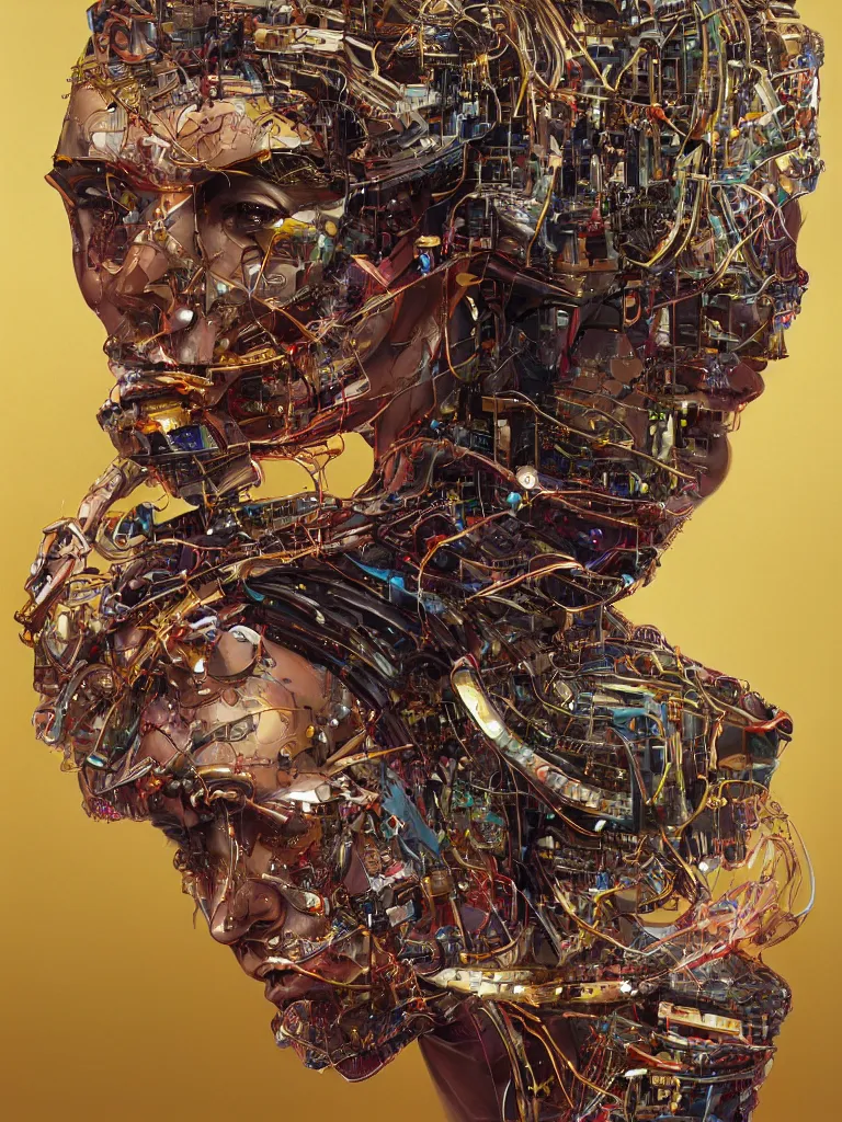 Prompt: portrait of computer & circuits, melting, gems and gold, 8 k, by tristan eaton, stanley artgermm, tom bagshaw, greg rutkowski, carne griffiths, ayami kojima, beksinski, giger, trending on deviantart, face enhance, hyper detailed, minimalist, cybernetic, android, blade runner, full of colour, super detailed