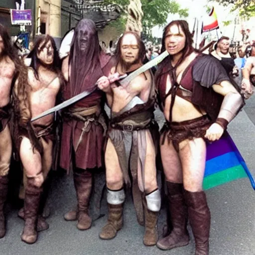 Prompt: a bunch of uruk - hai from lord of the rings celebrating gay pride