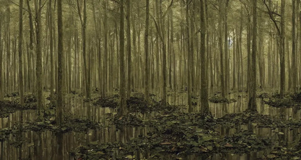 Image similar to A dense and dark enchanted forest with a swamp, by Wes Anderson,