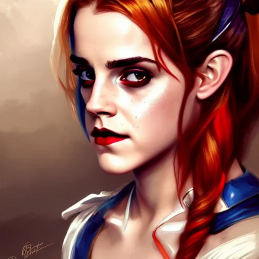 Image similar to Beautiful Emma Watson as Harley Quinn, western, D&D, fantasy, intricate, elegant, highly detailed, digital painting, artstation, concept art, matte, sharp focus, illustration, art by Artgerm and Greg Rutkowski and Alphonse Mucha