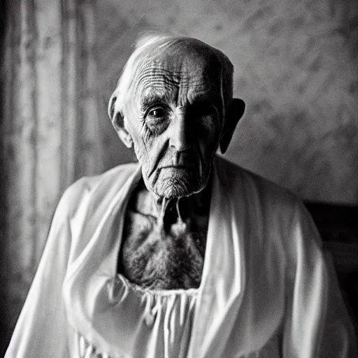 Prompt: count of durres, a 1 0 0 year very old man, dignified but aged face, night gown, hunched over, rare hair, black and white photography inside an old mansion