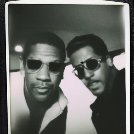 Prompt: a polaroid photo of denzel washington and ryan gosling waving