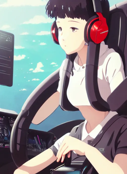 Prompt: portrait of girl driving on sim racing simulator, personal room background, illustration concept art anime key visual trending pixiv fanbox by wlop and greg rutkowski and makoto shinkai and studio ghibli and kyoto animation, symmetrical facial features, red headphones, fanatec direct drive, formula 1 steering wheel, gtomega prime cockpit